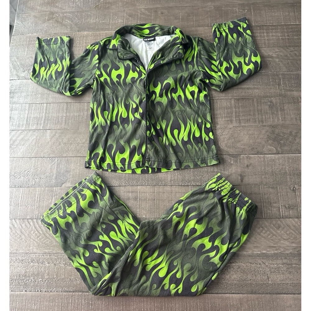 Joe Boxer Boys Neon Green flames 2pc button pajamas size 8